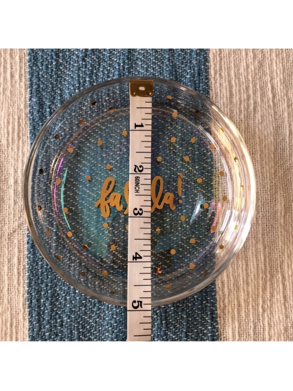'Fa La La!' Round Iridescent Glass Trinket Dish Gold Polka Dots & Lettering 5”